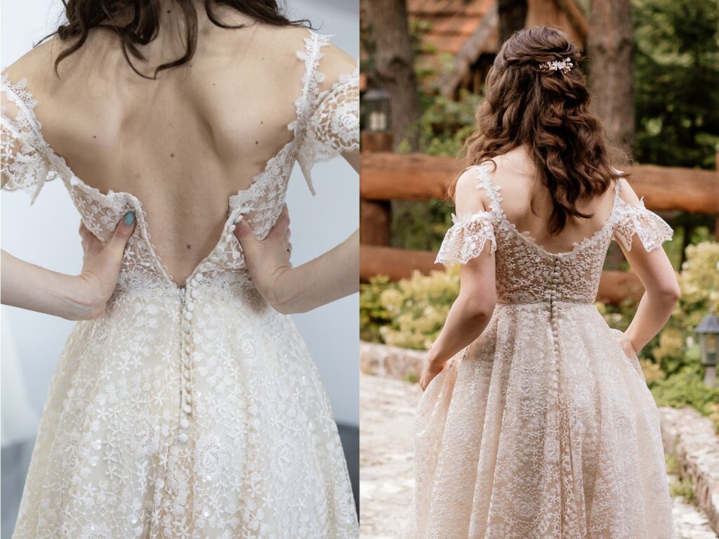 Przeróbka sukni ślubnej – dopasowanie koronki i poprawki krawieckie